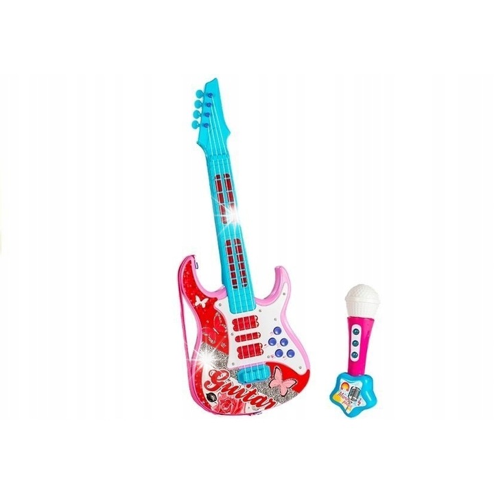 Játék hangszerkészlet, Lean Toys, rózsaszín elektromos gitár mikrofonnal, 57x20cm, 30x65cm