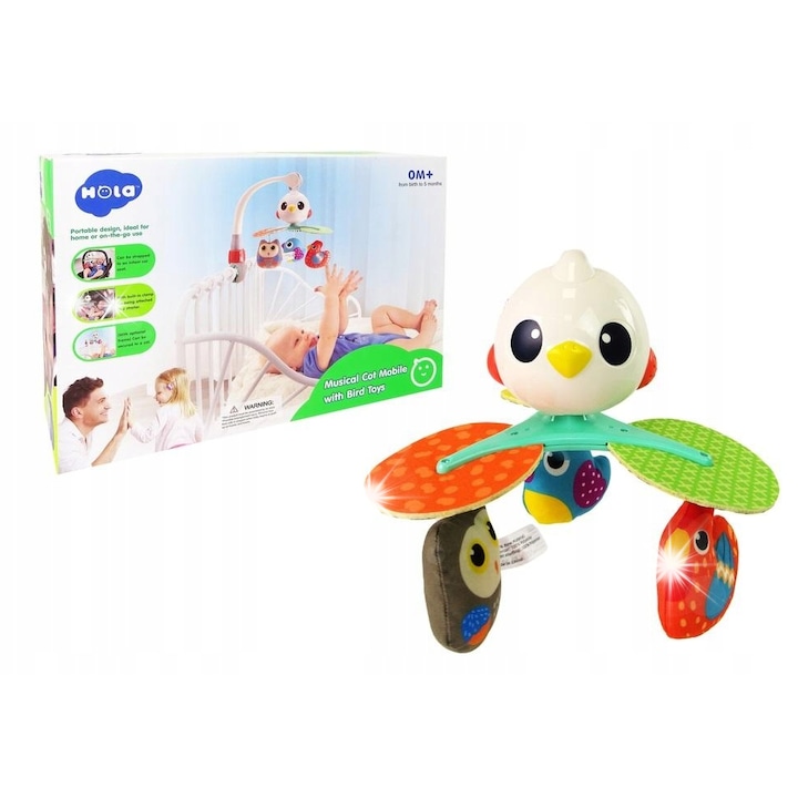 Hola babakarusszel, színes madarak, nyugtató dallamok, 40x23x23cm