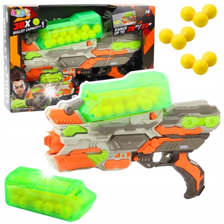 Pistol de jucarie Bullet Storm, 30 bile din spuma, raza 23m, multicolor