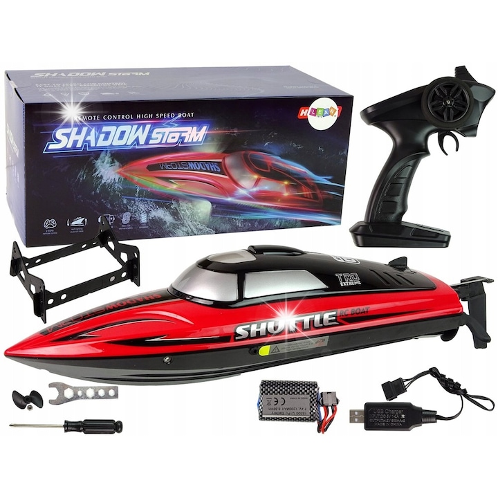 Лодка с дистанционно управление, Lean Toys, червена, 20-25 км/ч, размери 35x9,5x11 см, пълен комплект