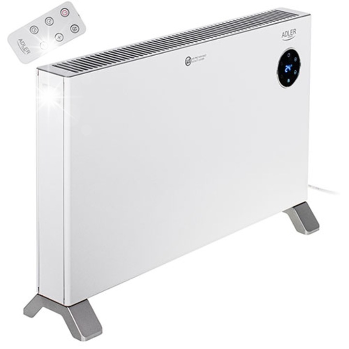 Convector electric Adler, portabil, 2000W, alb/gri, cu telecomanda si timer, 75.5x13.5x51.5cm