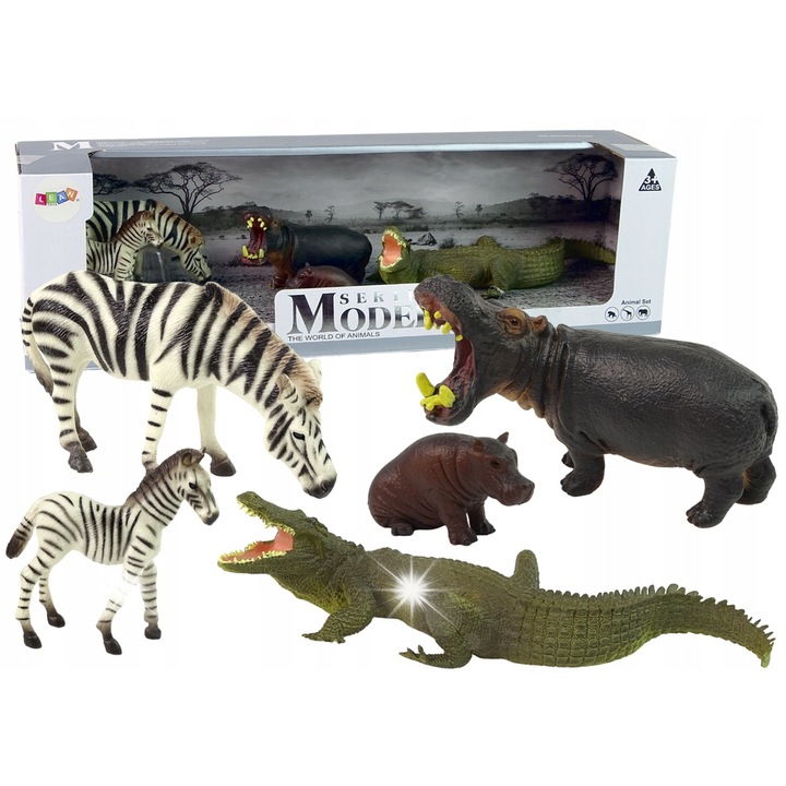 Set Figurine Africa, Lean Toys, zebre si hipopotami, multicolor, 5 piese