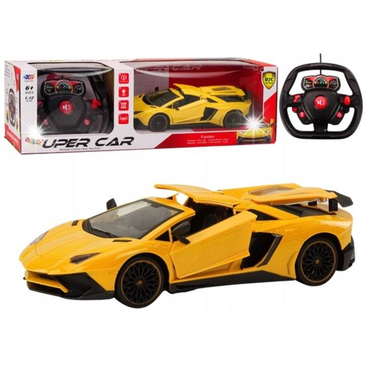 RC sportautó 1:12, Lean Toys, sárga, 33,5x13,5x7,5cm, nyitható ajtók, akkumulátor készlettel