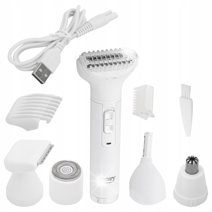 Set aparat de ras fara fir Camry, USB, 5 capete, alb