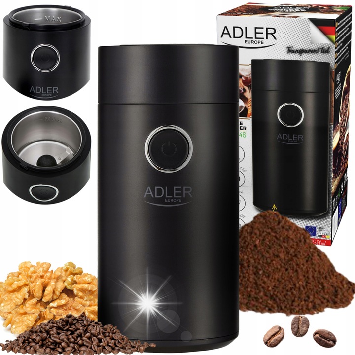 Macinator de cafea Adler AD 446, capacitate 75g, putere 150W, negru, dimensiuni 9.6x9.6x19.6cm