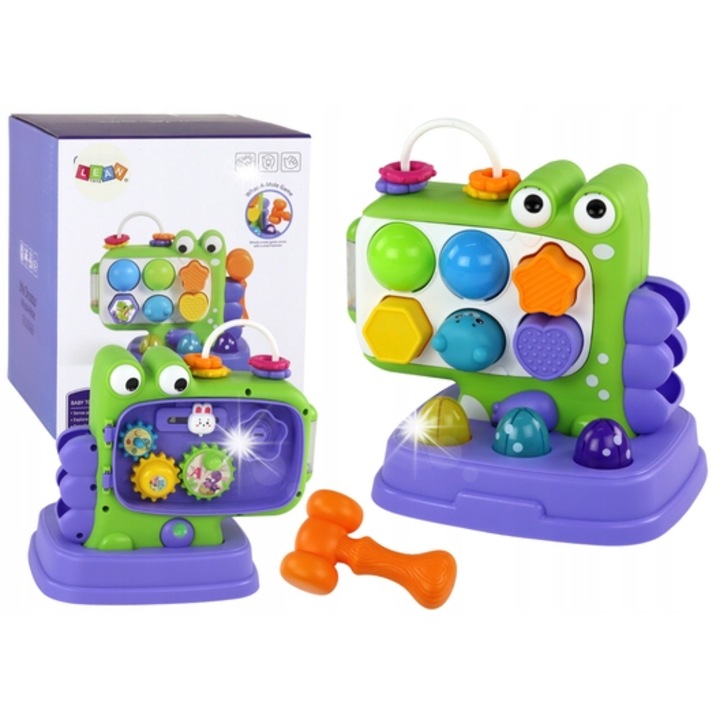 Panel educational Dinozaur Lean Toys, joc Whac-A-Mole, sorter forme, violet, 25x22x19cm