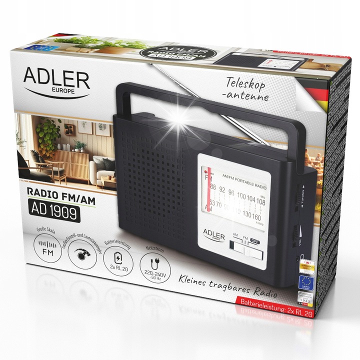 Преносимо радио Adler, AM/FM, захранване от мрежата и акумулатор, ретро дизайн, с дръжка за носене