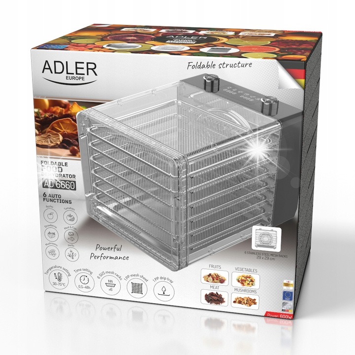 Дехидратор Adler, 600W, 6 автоматични програми, 30-75°C, 426x312x293мм, с 6 метални поставки