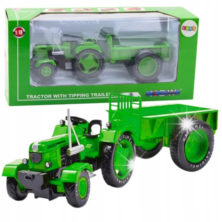 Tractor metalic cu remorca, LeanToys, 1:18, verde, 24,5x8,5x8cm