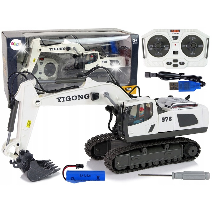 Багер R/C Lean Toys, 2.4 G, бял с черни детайли, комплект