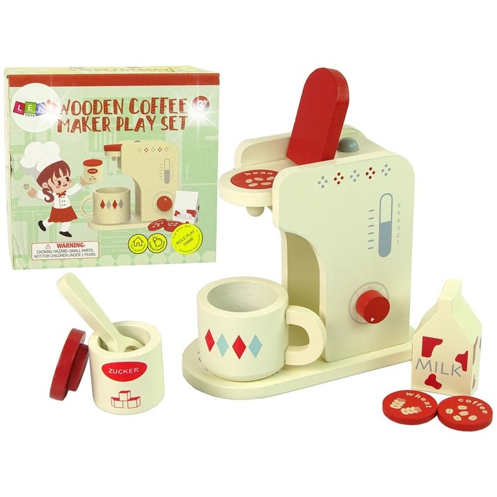 Set Expres de Cafea din Lemn, Lean Toys, cu accesorii, 17x9x15cm, pentru copii
