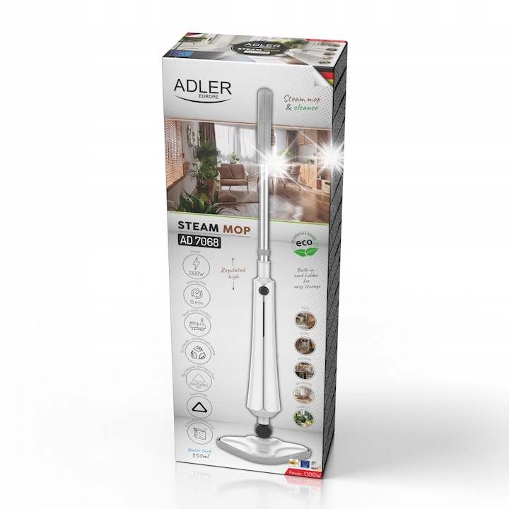 Парен моп Adler AD 7068, 1300W, бял/сив, 350мл, 7м кабел