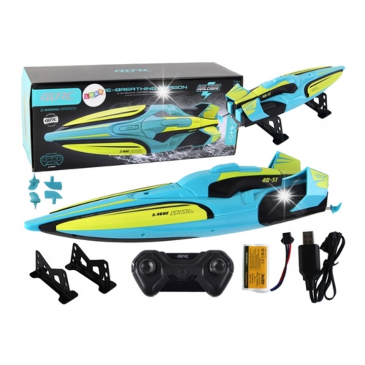 Barcuta cu telecomanda Lean Toys, 2.4G, turcoaz-galben, viteza maxima 40 km/h, waterproof