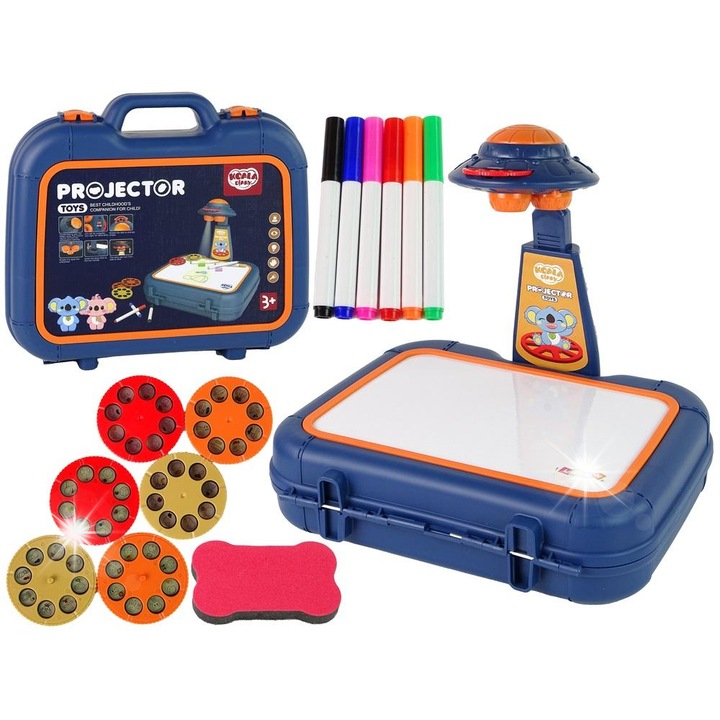 Tablica proiectoare, Koala Diary, set cu 6 markere, 6 discuri cu imagini, albastru, 32x29x8cm