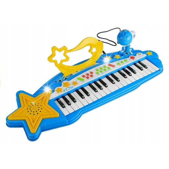 Keyboard muzical cu 37 clape, Lean Toys, set cu microfon, efecte luminoase, albastru, 56x19x3.5cm