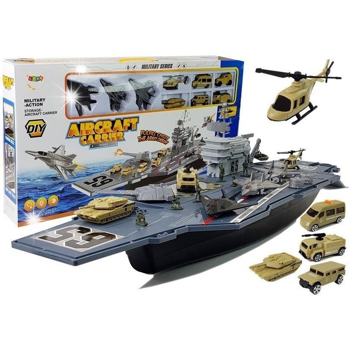 Vapor militar cu vehicule, Lean Toys, 86cm, cu soldatei, elicopter, tanc, 72x36.5x10cm