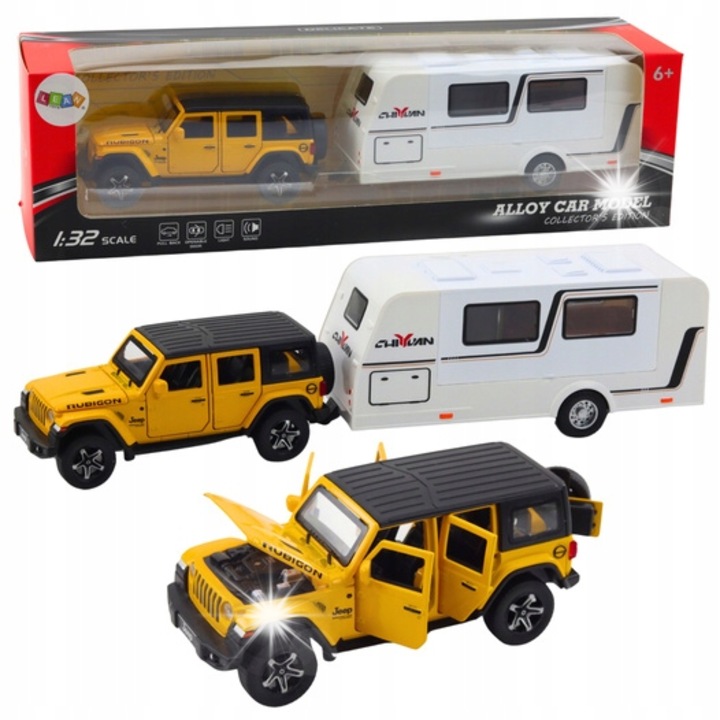 Model metalic de masina off-road cu remorca camping, LeanToys, galben si alb, 35x8x6,5cm, efecte luminoase si sonore, usi mobile