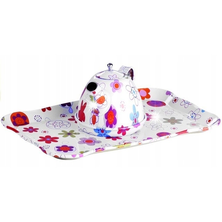 Set de ceai metalic, Lean Toys, 4 cesti, 4 farfurii, 4 farfurii desert, 1 ceainic, 1 tava, multicolor, 24x15,5cm