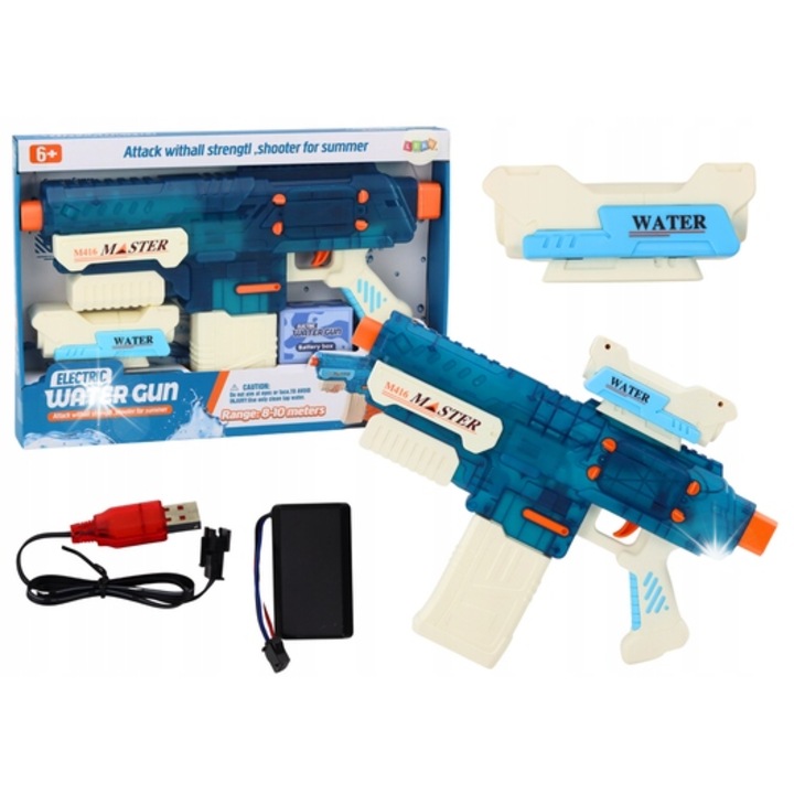 Електрически воден пистолет Lean Toys M416, вместимост 500 мл, разстояние 8-10 м, бежов и син цвят, размери 42,5x32x6 см