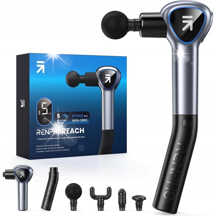 Масажен пистолет RENPHO Reach, 4 накрайника, LED екран, сив, с удължена дръжка