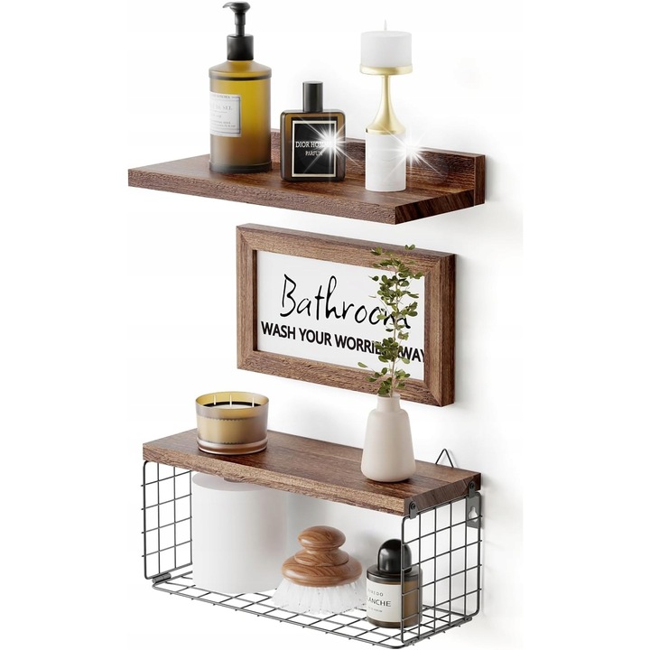 Set 3 rafturi suspendate din lemn Paulownia, 40x15cm, design rustic-modern