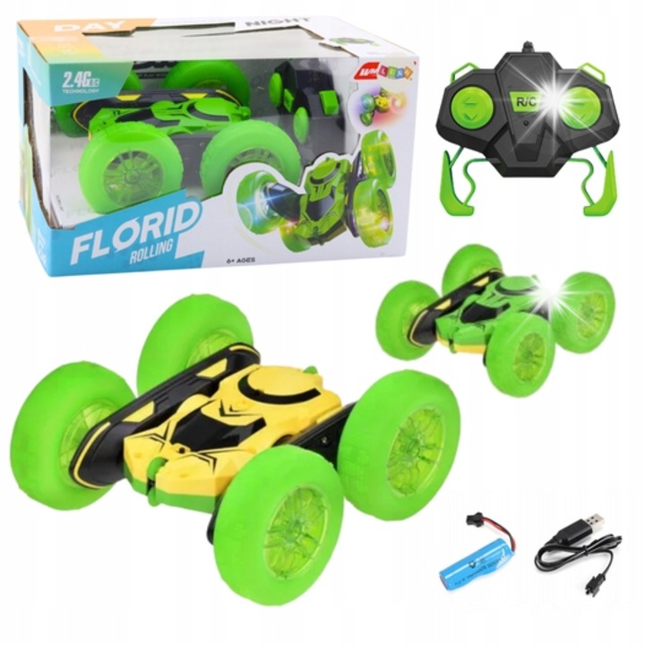 Távirányítós autó, Lean Toys, zöld, 360°, LED fények, komplett szett