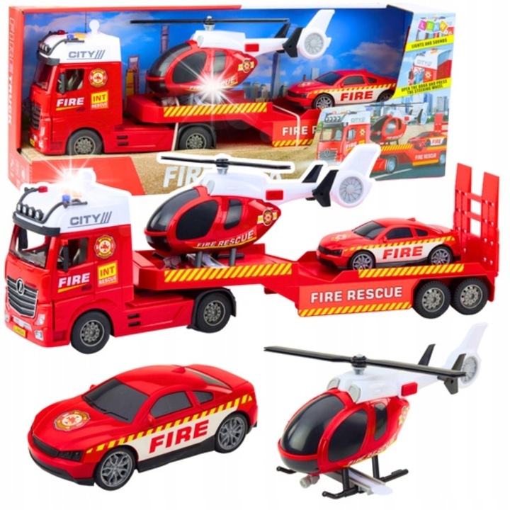 Tűzoltó készlet Helikopterrel és Mentőautóval, LEAN TOYS, fény- és hanghatásokkal, 56x16x10cm, többszínű