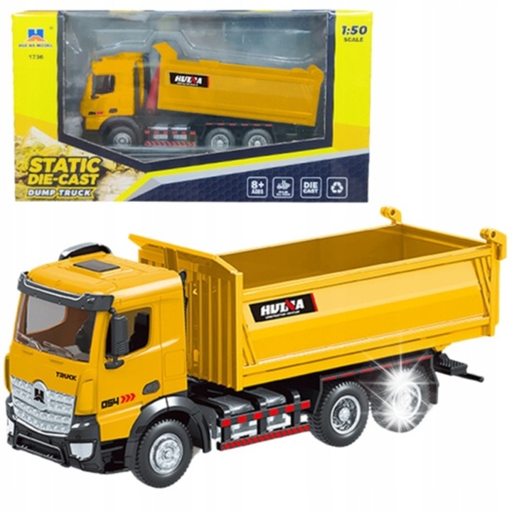 Camion basculant metalic 1:50, Lean Toys, galben, 18,5x5,8x7,4cm, set model