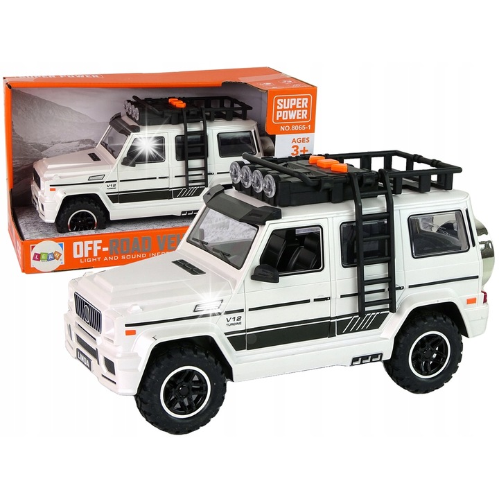 Masinuta alba pe baterii, Lean Toys, 13x25x10cm, sunete si lumini, pentru copii peste 3 ani