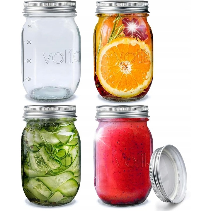 Комплект от 4 буркана с капак, 490 мл, прозрачно стъкло, за консервиране и приготвяне на храни