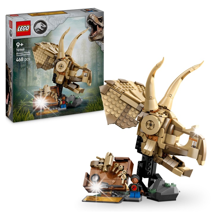 Комплект LEGO Шапка Трицератопс, с минифигура на палеонтолог, елемент „чанта“ и информационна база