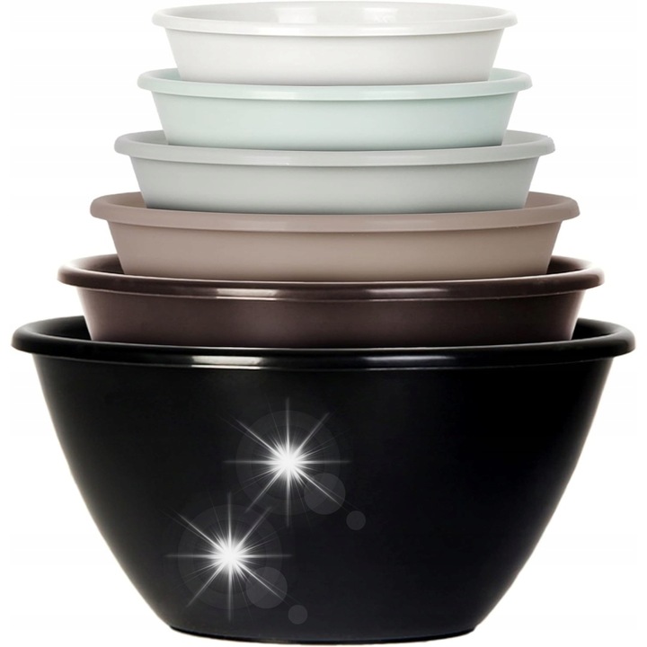 Set 6 boluri mari din plastic, culori urbane, 25cm diametru x 11,4cm inaltime