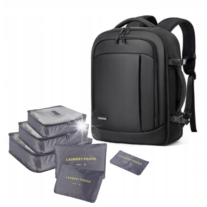 Rucsac calatorie business Leke, pentru laptop 15.6", 3 compartimente, 8 buzunare, negru, set cu 6 organizatoare