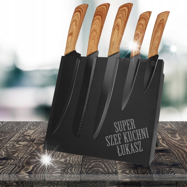 Set de cutite cu bloc magnetic Decortrend, 6 elemente, negru, 31x18,5cm, 22,5x11,5cm, 18,5x7,5cm