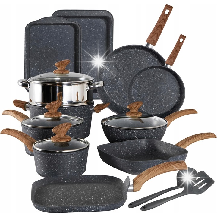 17 részes gránit edénykészlet, Kitchen Academy, indukciós főzőlappal kompatibilis, könnyen tisztítható, többszínű