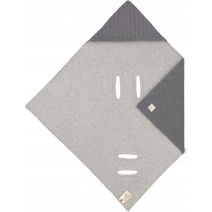 Paturica pentru bebelusi, LASSIG, cu gluga, gri-antracit, 78x78cm, din bumbac organic GOTS