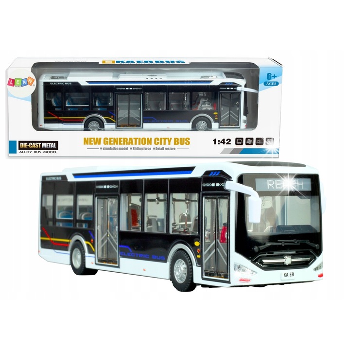 Autobuz electric urban 1:42 Lean Toys, metalic, lumini, alb, pentru copii peste 6 ani