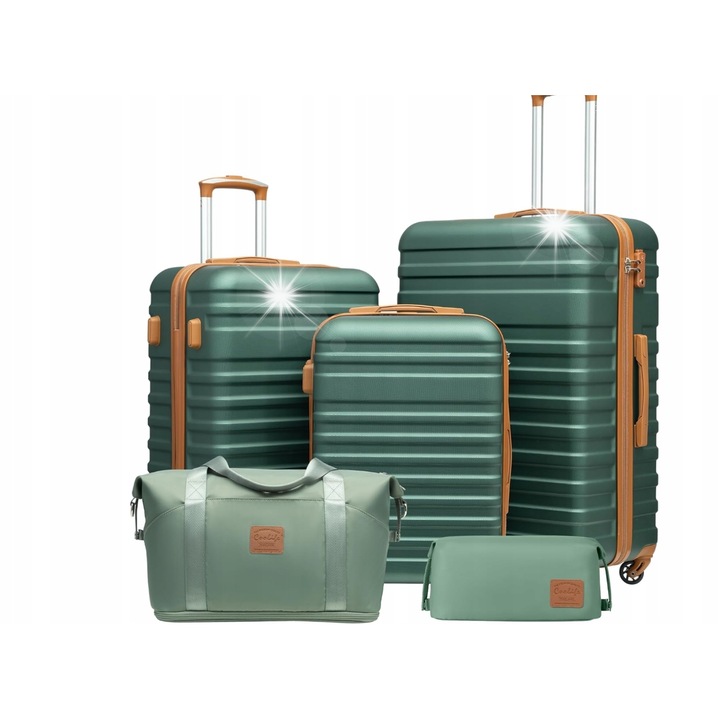 Комплект 5 багажа, 3 куфара, 1 пътна чанта, 1 козметична чанта, зелен, ABS