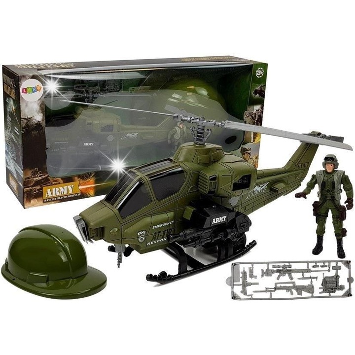 Set militar cu elicopter, Lean Toys, figura soldat, casca, multicolor