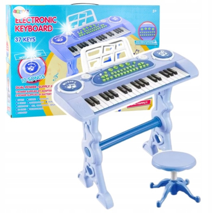 Pianino electronic pentru copii cu microfon, 37 clape, 53x20x48cm, albastru, set complet
