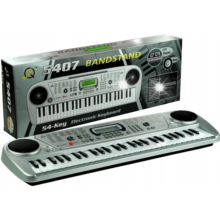 Keyboard muzical cu 54 clape, microfon, LCD, argintiu, 60x20cm, set de jucarii muzicale