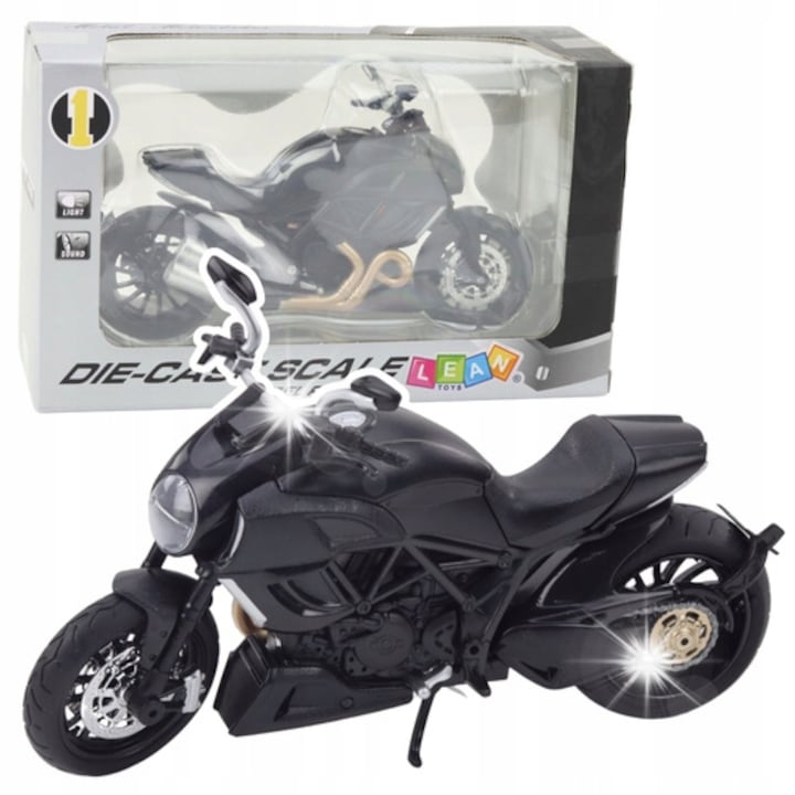 Sport motorkerékpár modell, Lean Toys, fény- és hangeffektek, 17x6.3x9.3cm, fekete