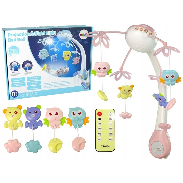 Carusel pentru patut, Lean Toys, cu proiectoare si melodii, roz, 37x29x11 cm