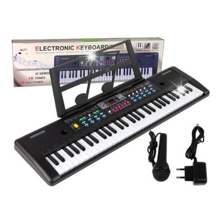 Claviatura, Lean Toys, 61 billentyű, mikrofonnal és kottaállvánnyal, 76x20x6 cm