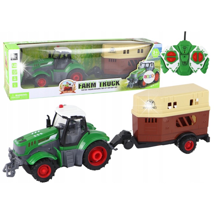 Tractor RC cu remorca, Lean Toys, 1:24, verde cu alb si gri, dimensiuni 41x11x12cm