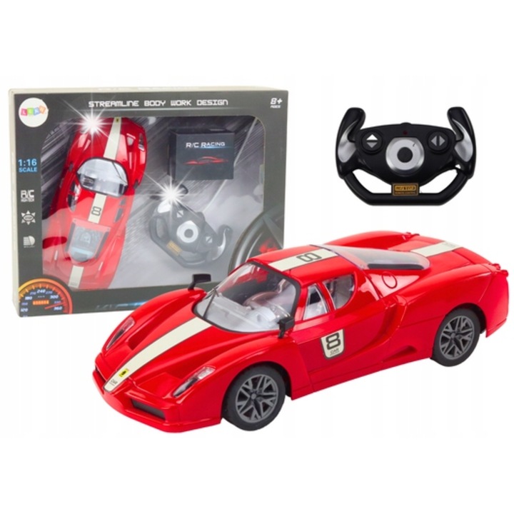 Masinuta sportiva rosie cu telecomanda 1:16, Lean Toys, set cu acumulator si incarcator, pentru copii peste 8 ani