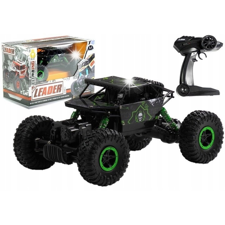 Masinuta R/C Lean Toys, 4x4, negru-verde, 22,5x16x12,5cm, set cu telecomanda 2,4 GHz