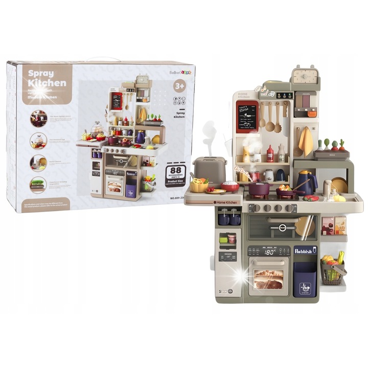 Bucatarie pentru copii, Lean Toys, 88 accesorii, lumini si sunete, 93x69x27cm