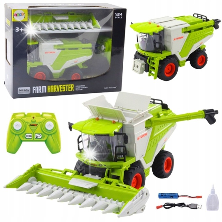 Kombajn de jucarie 2w1 cu heder pentru porumb, efect de fum, 30x22x13cm, RC, LeanToys