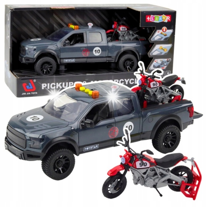 Masina pickup cu motocicleta, Lean Toys, efecte luminoase si sonore, usi deschise, 33,5x13x12cm